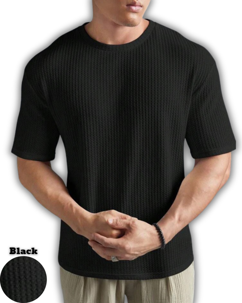 Oversized Waffle Knit T-Shirt for Men – Black