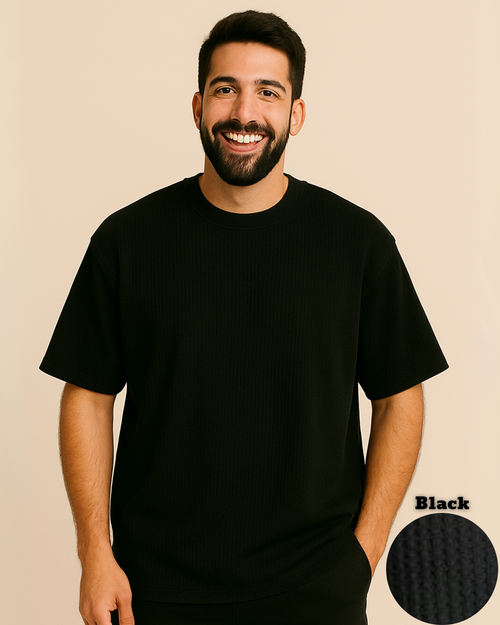 Oversized Waffle Knit T-Shirt for Men – Black