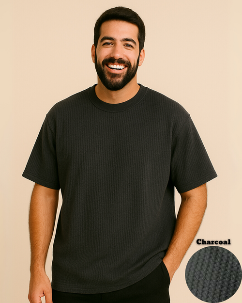Oversized Waffle Knit T-Shirt for Men – Charcoal