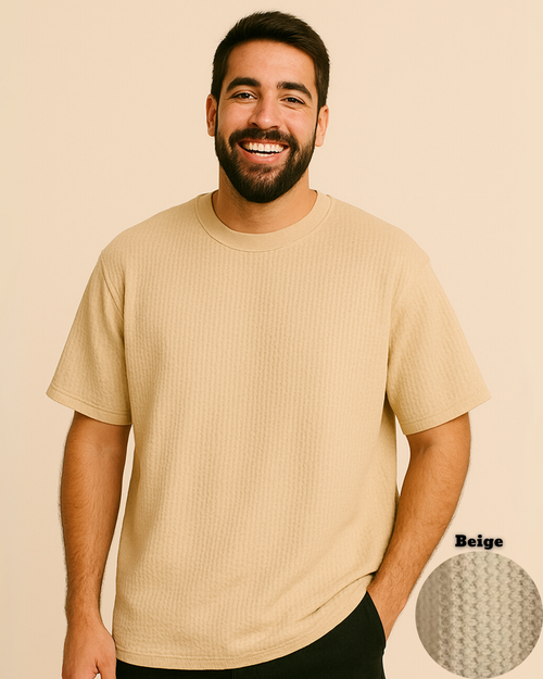 Oversized Waffle Knit T-Shirt for Men – Beige