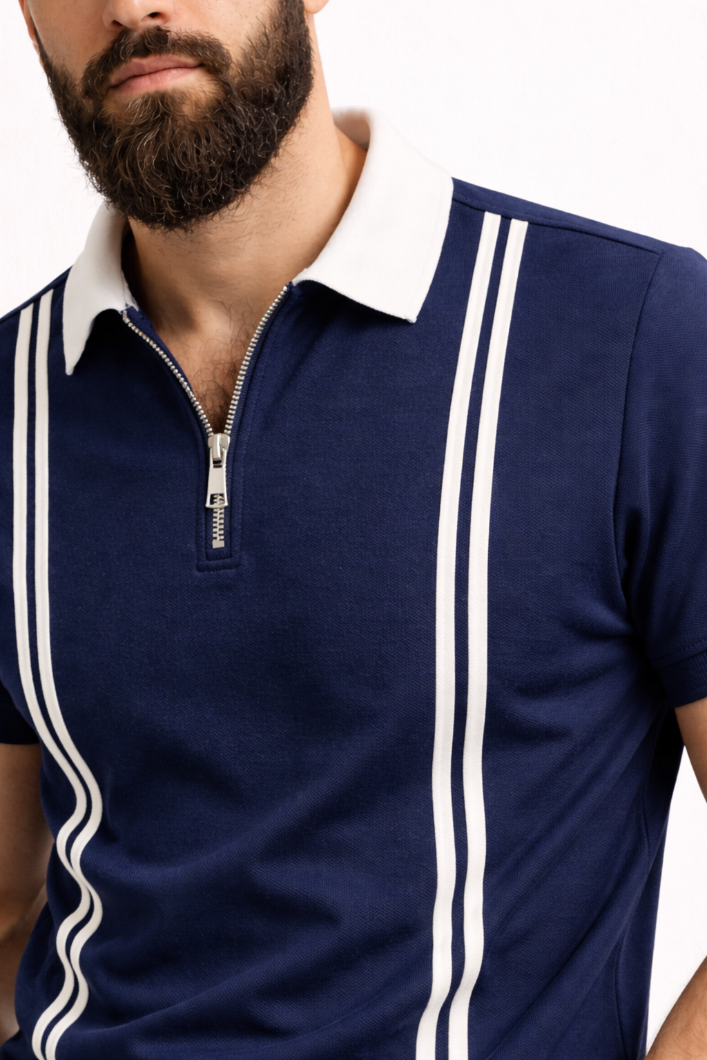 Men’s Navy Blue Zipper Stripe Polo Shirt