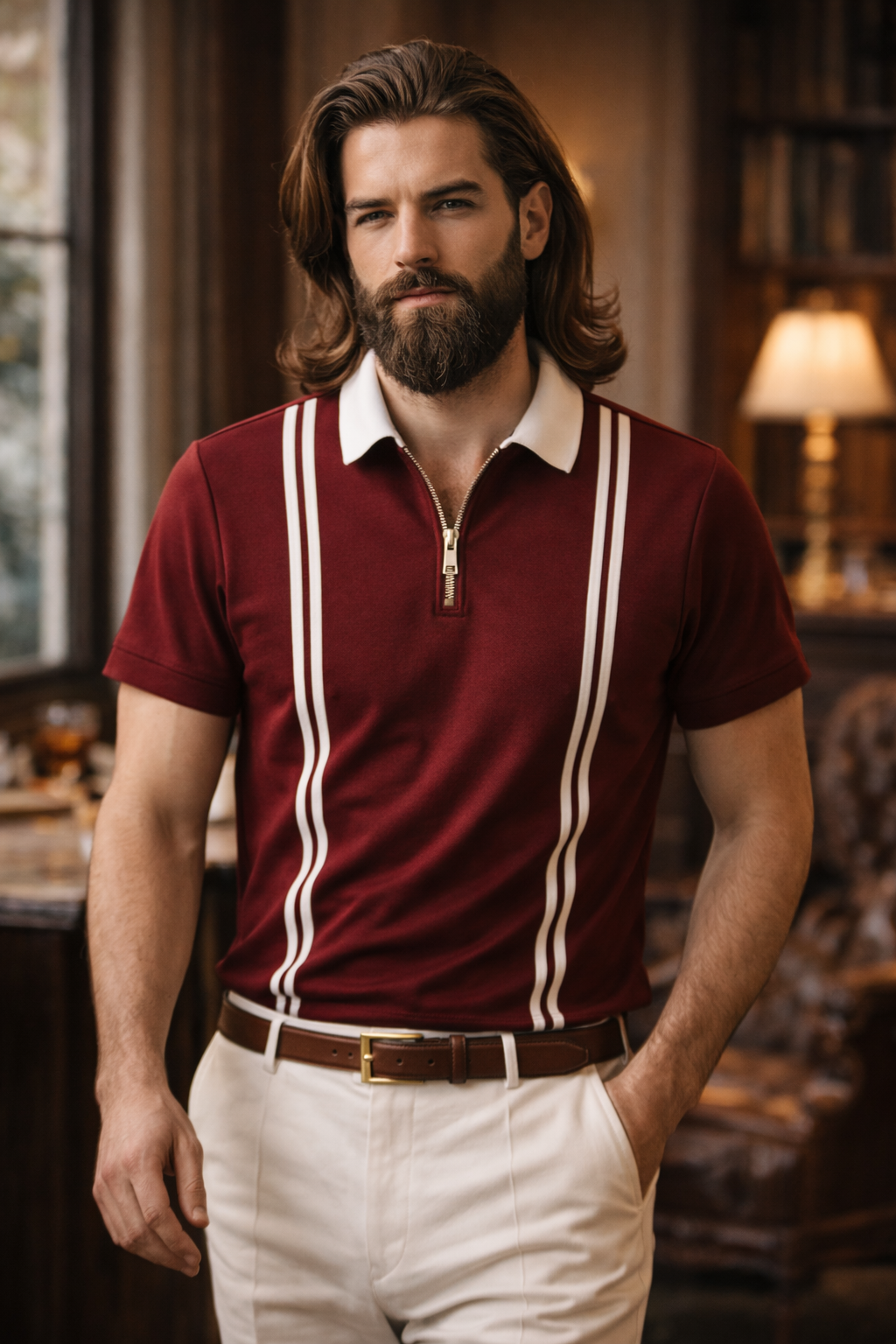 Men’s Maroon Zipper Stripe Polo Shirt