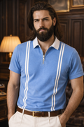 Men’s Sky Blue Zipper Stripe Polo Shirt