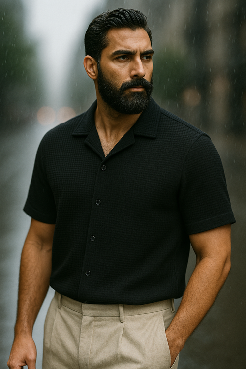 Black Cuban Collar Waffle Knit Shirt for Men