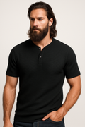 Black Waffle Knit Henley T-Shirt